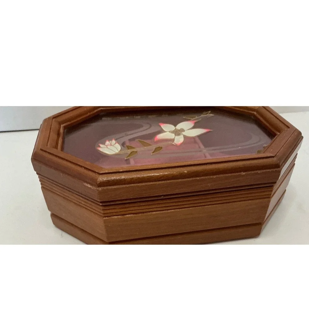 Vintage Wooden Jewelry Box Etched Glass Floral Lid Octagonal Brown
